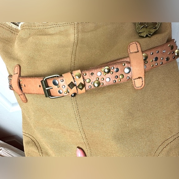 LUCKY BRAND Calexico Crossbody Purse Canvas Leather Studded Camel Tan Brown - Picture 7 of 16